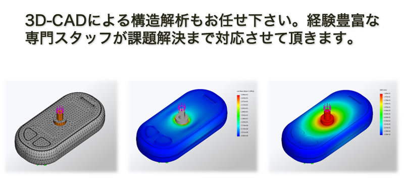 3D-CADによる構造解析もお任せ下さい。経験豊富な専門スタッフが課題解決まで対応させて頂きます。